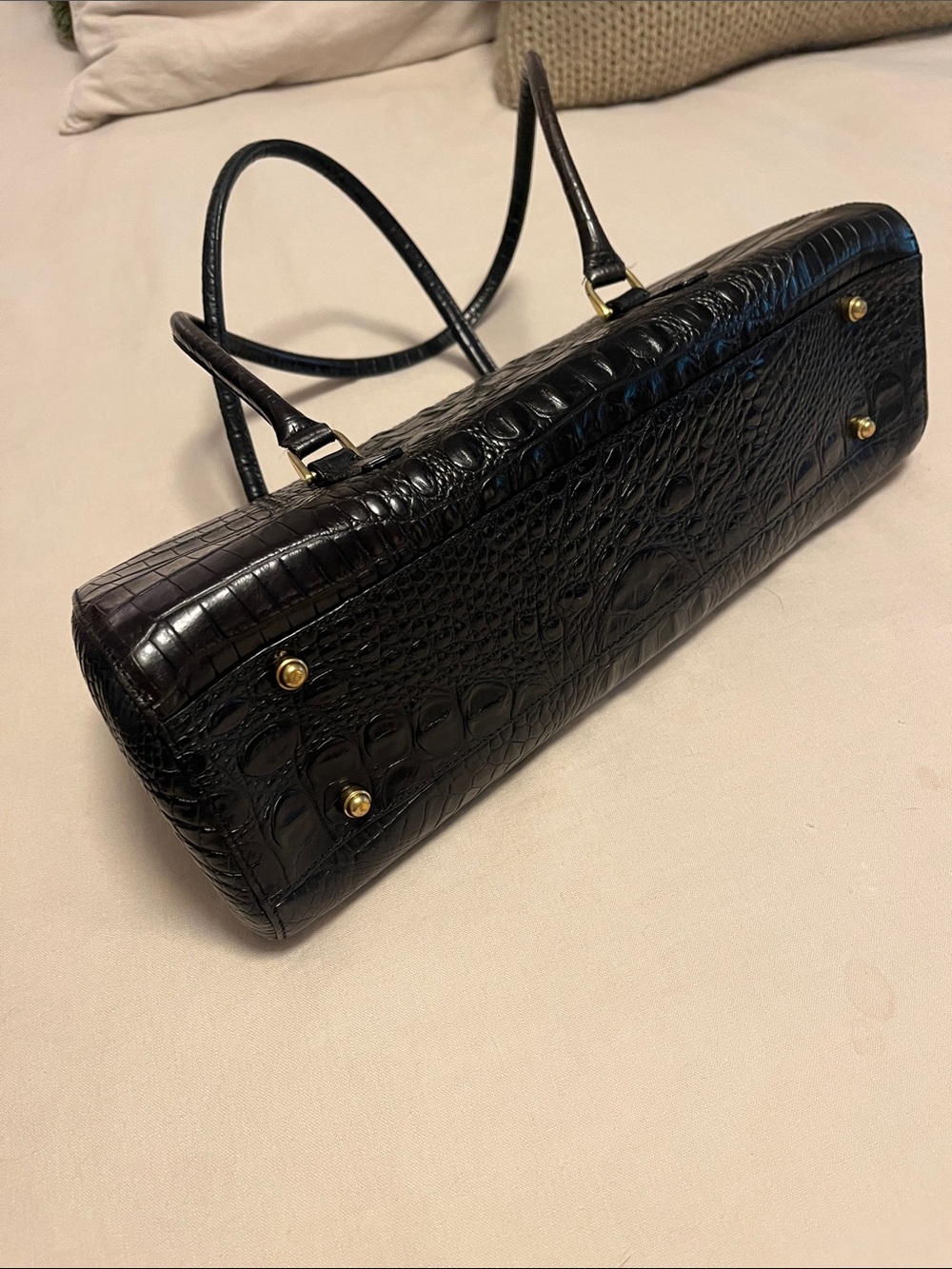 Vintage Black Dayan Melbourne Croc-Embossed Satchel East West Bag/ Gold Lock - Picture 4 of 10